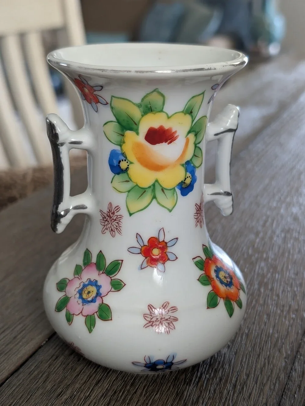 Red Letter Japan Porcelain, 2 Handled Vase , Hand Painted Floral Design